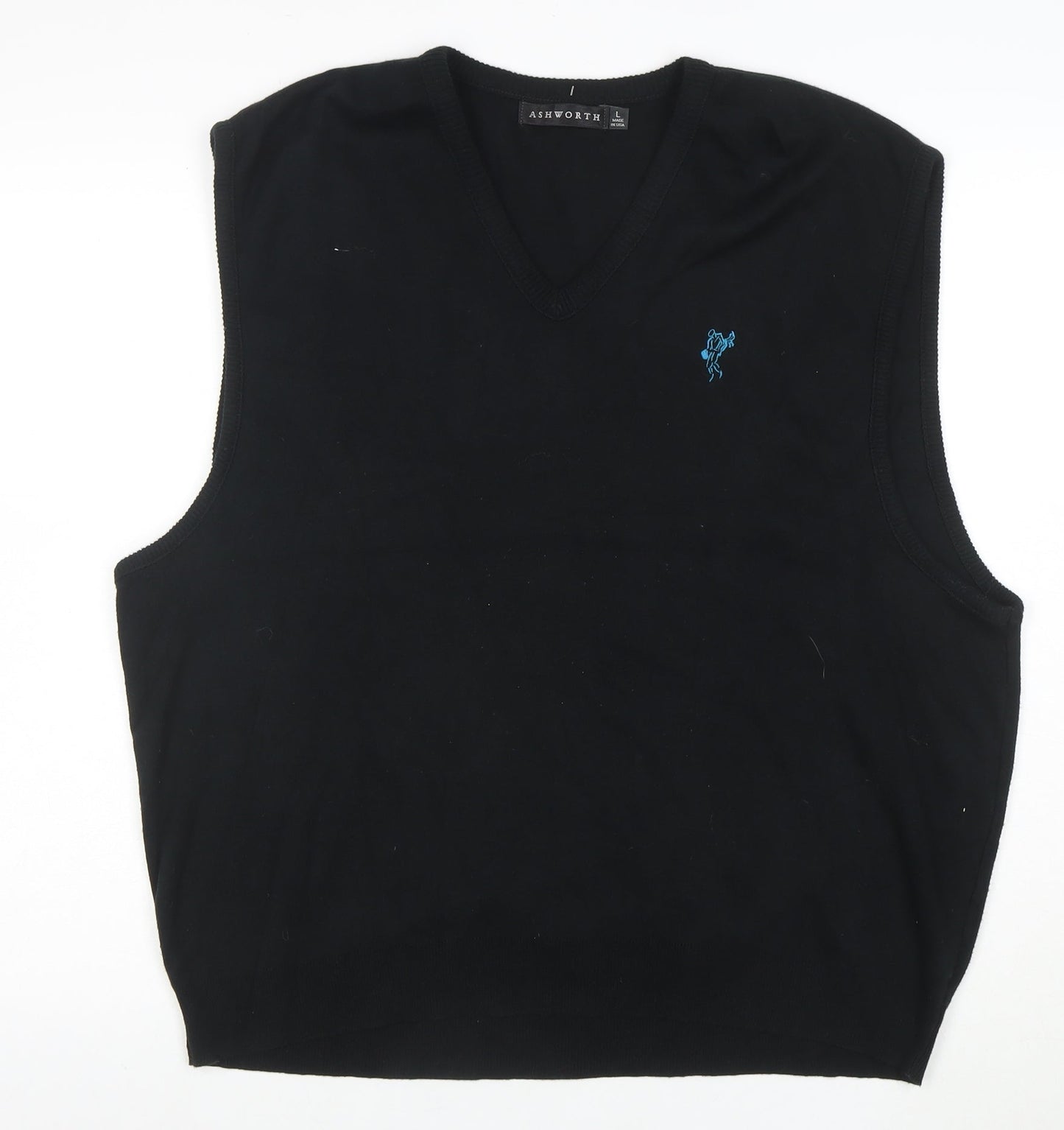 Ashworth Men Black Cotton V-Neck Knit Golf Vest L Classic Fit