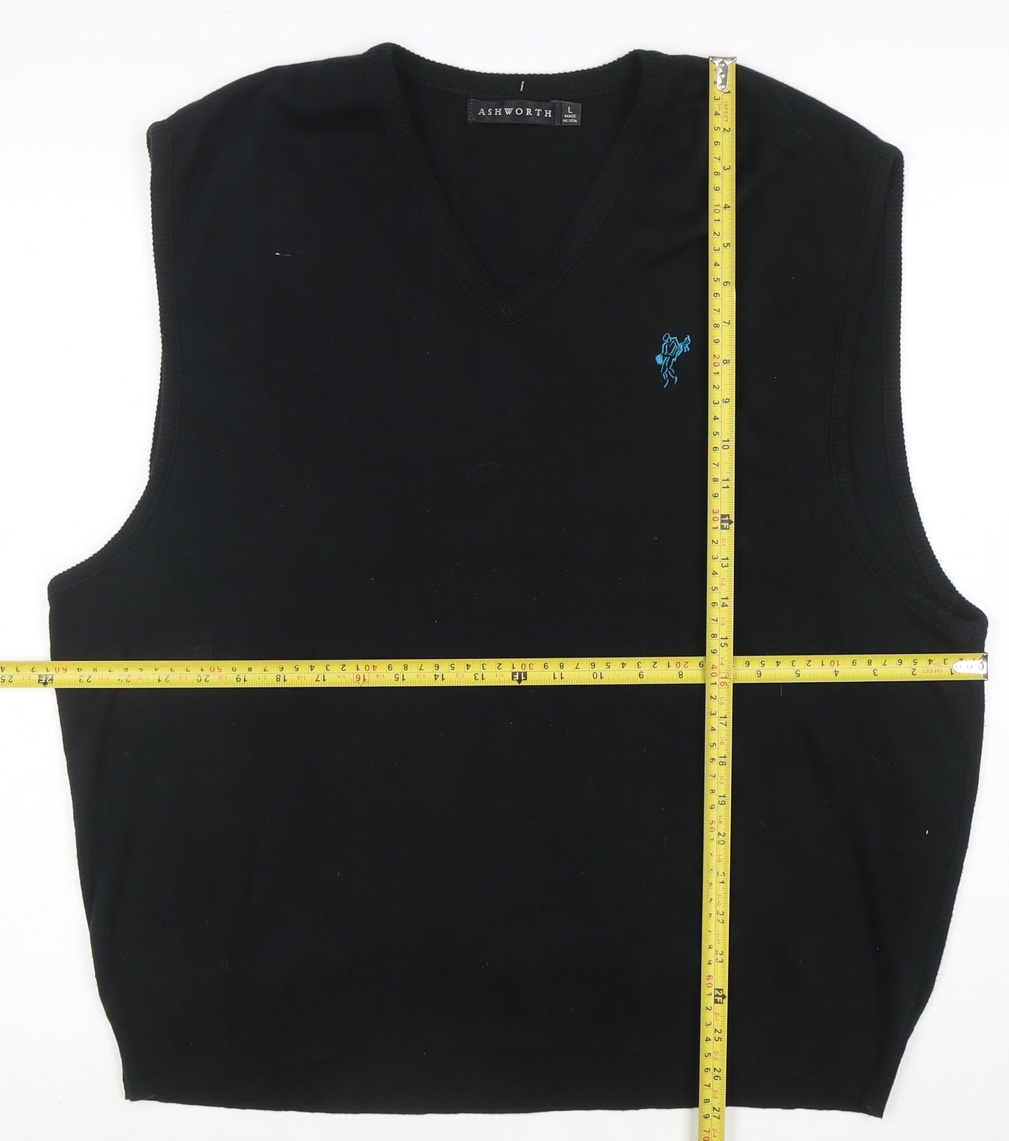 Ashworth Men Black Cotton V-Neck Knit Golf Vest L Classic Fit