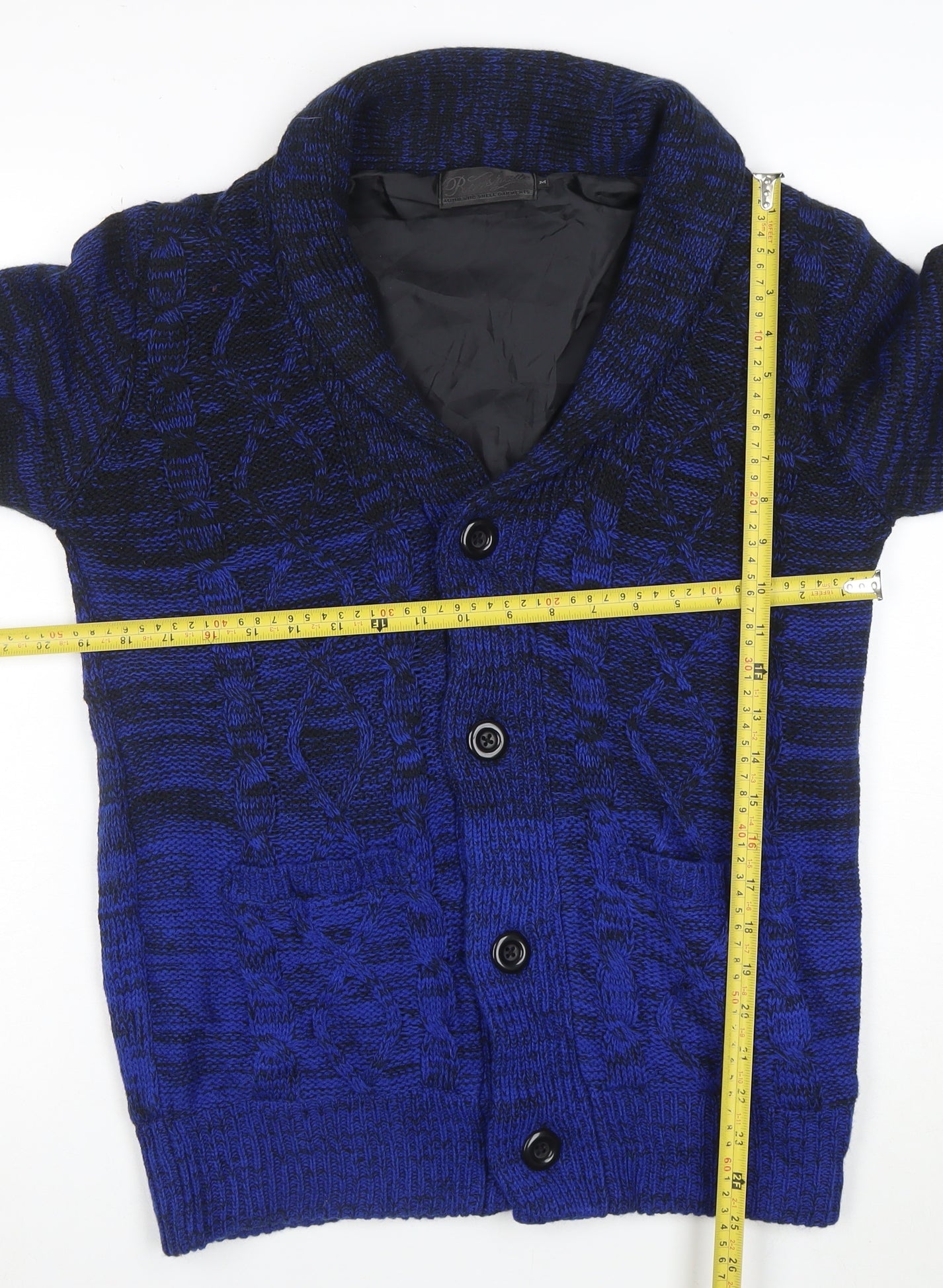 Roushalle Men's Blue Cable-Knit Cardigan Jumper M Lined Acrylic