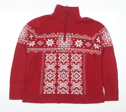 Eddie Bauer Men's Red Fair Isle 1/2 Zip Cotton Winter Jumper XL