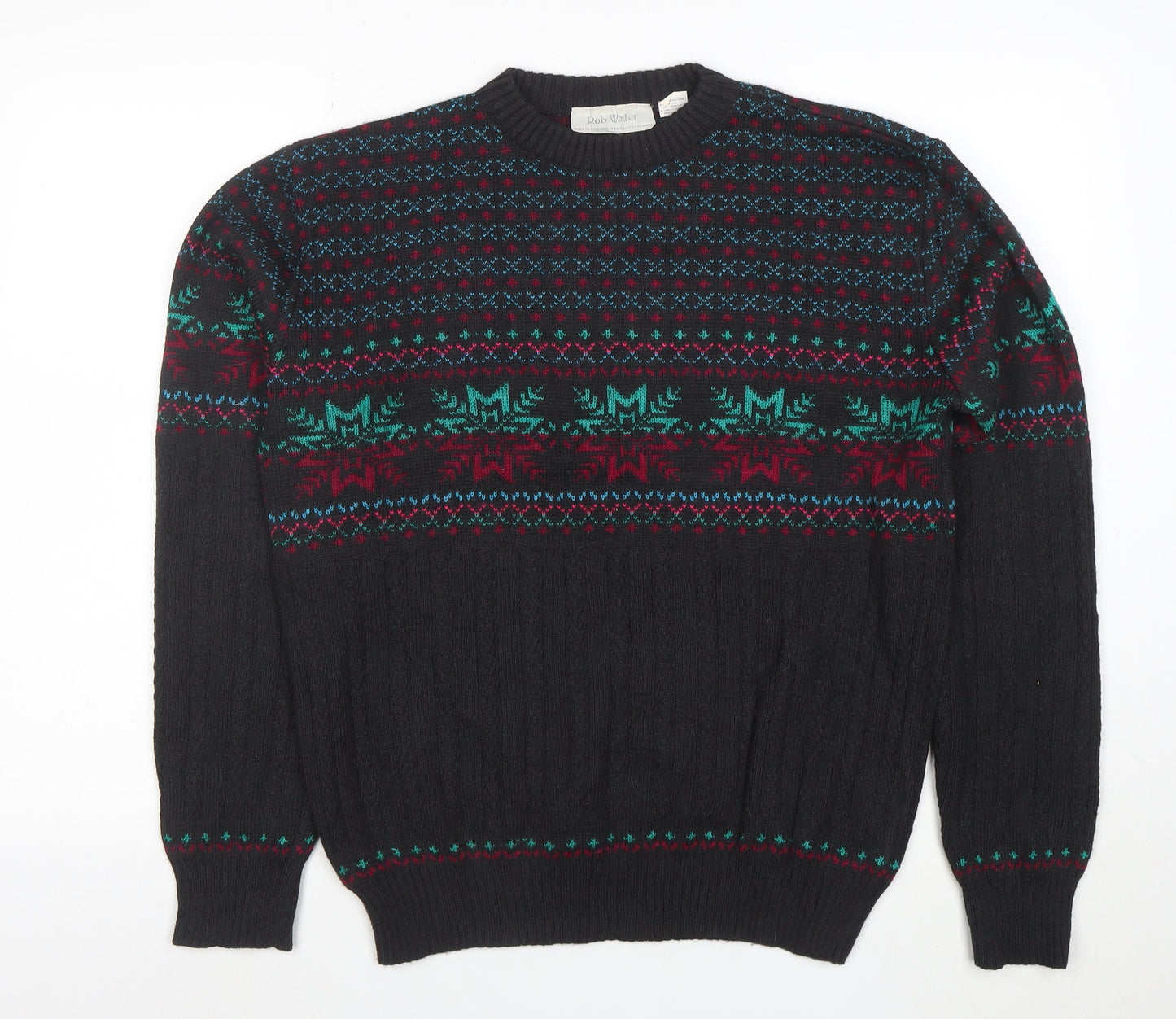 Rob Winter Men's Black Fair Isle Knit Jumper M Acrylic 90s Style