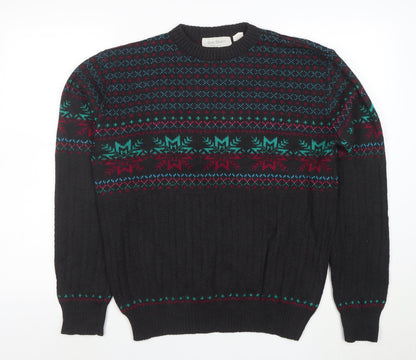 Rob Winter Men's Black Fair Isle Knit Jumper M Acrylic 90s Style