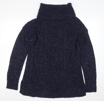 Lands' End Women's Blue Roll Neck Cable Knit Jumper Size S