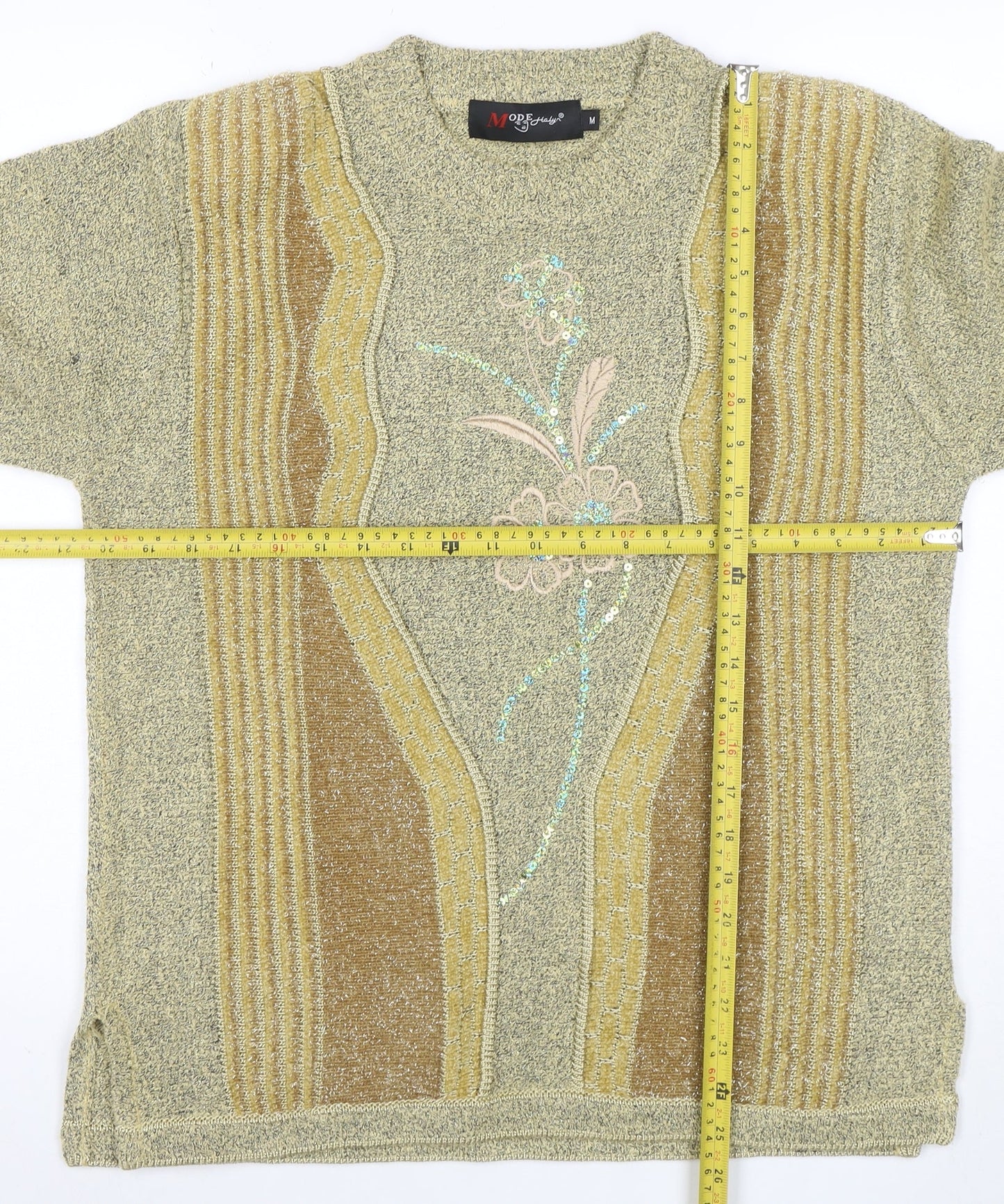 Mode de Paris Women’s Beige Sequin Floral Wool Blend Pullover Jumper M