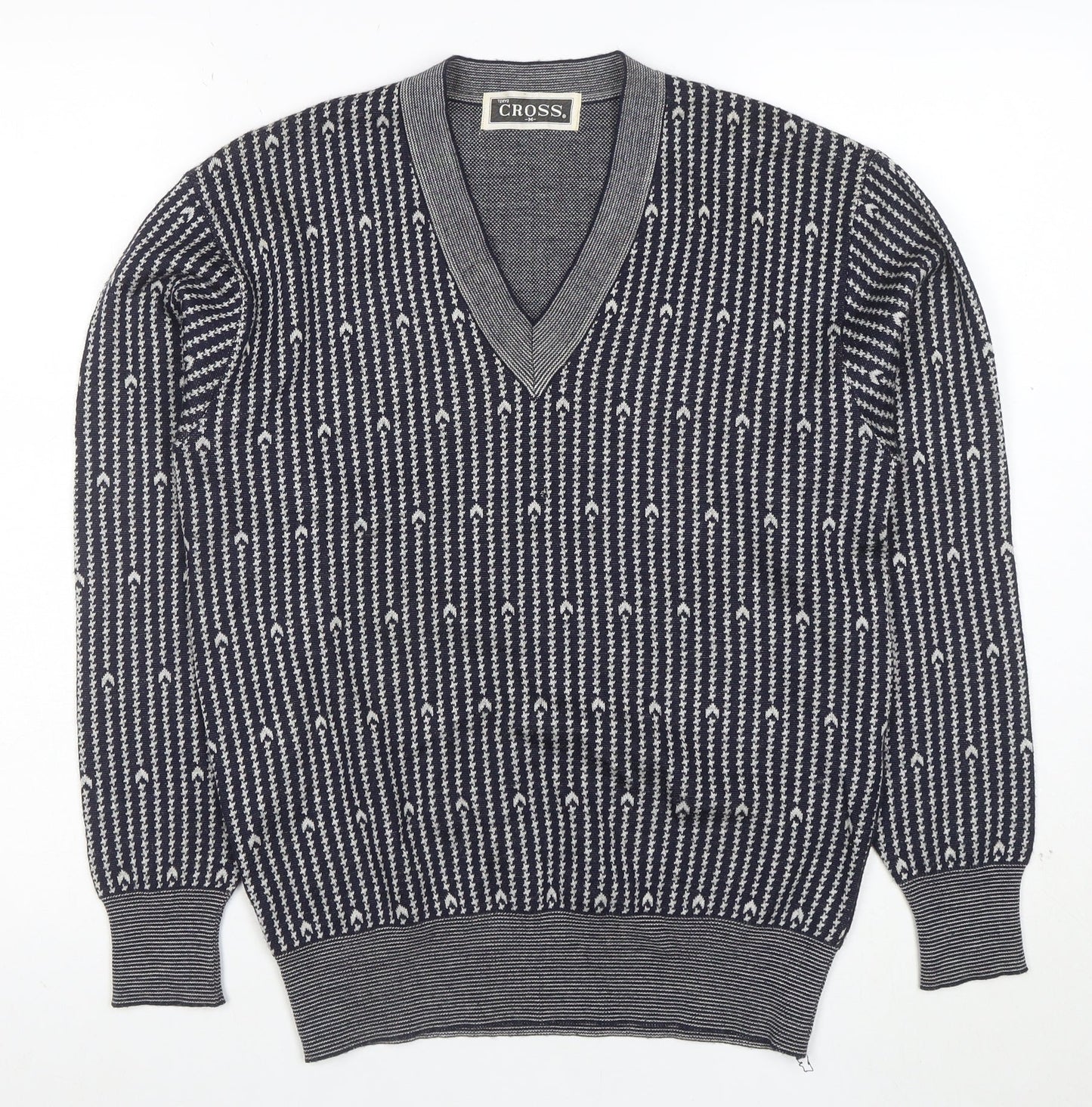 CROSS Men's Blue Geometric V-Neck Cotton Blend Jumper M