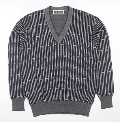 CROSS Men's Blue Geometric V-Neck Cotton Blend Jumper M