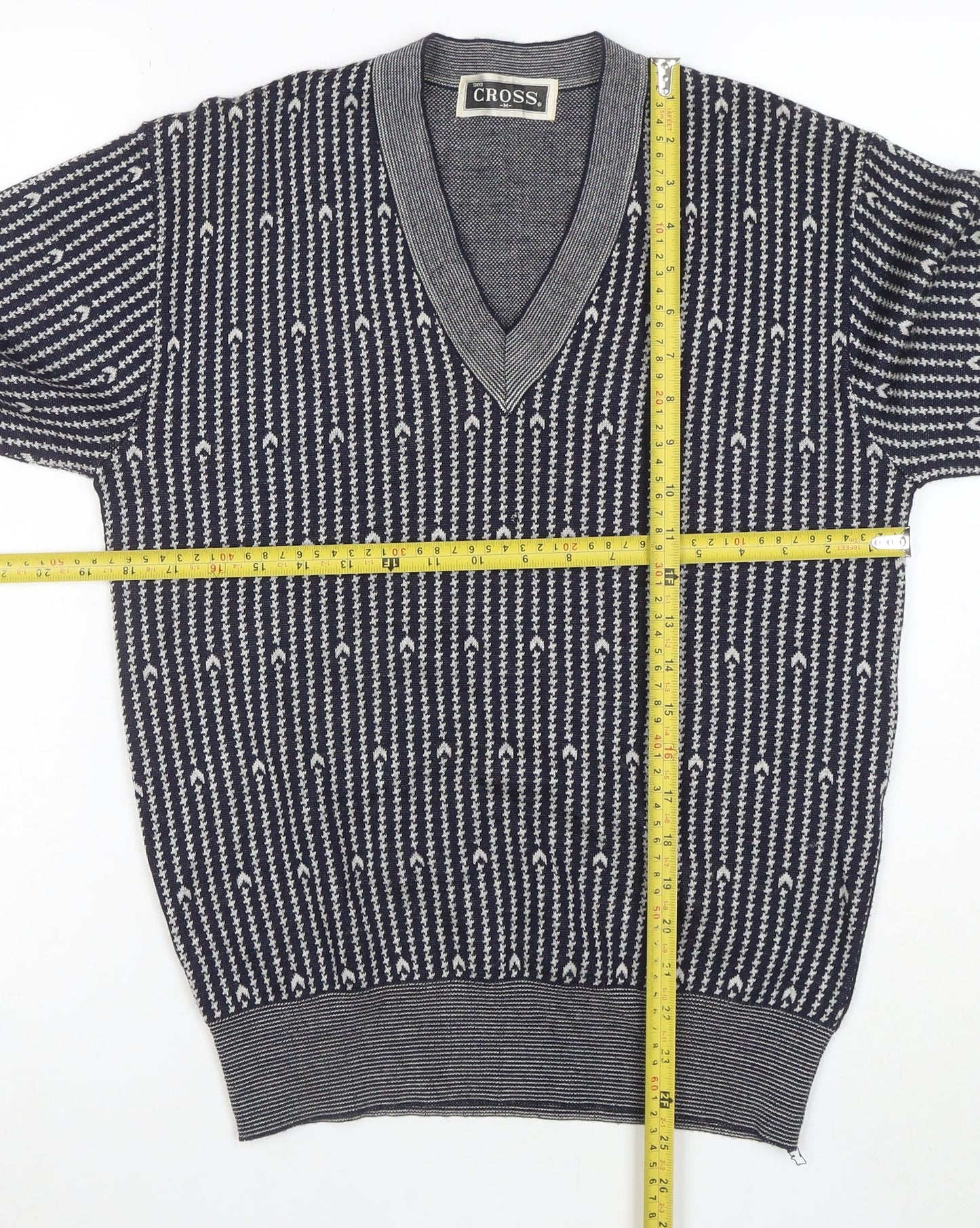 CROSS Men's Blue Geometric V-Neck Cotton Blend Jumper M
