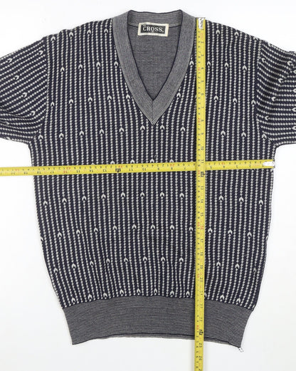 CROSS Men's Blue Geometric V-Neck Cotton Blend Jumper M