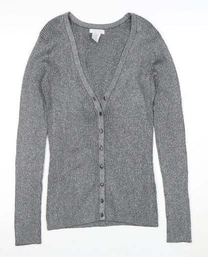 Pure Alfred Sung Women Grey Metallic Cardigan M V-Neck Button Ribbed Knit