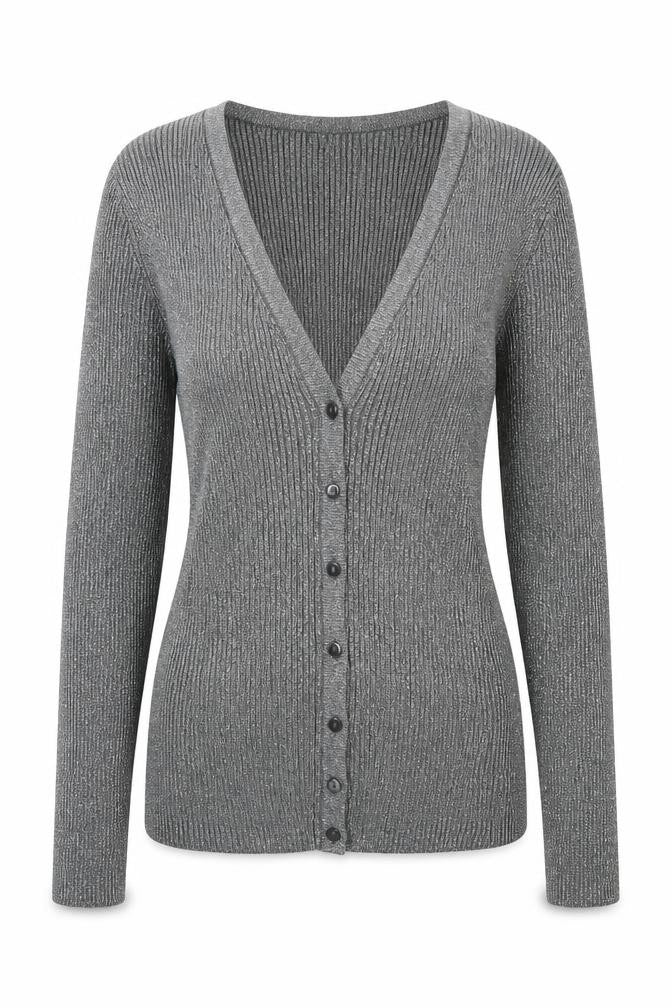 Pure Alfred Sung Women Grey Metallic Cardigan M V-Neck Button Ribbed Knit