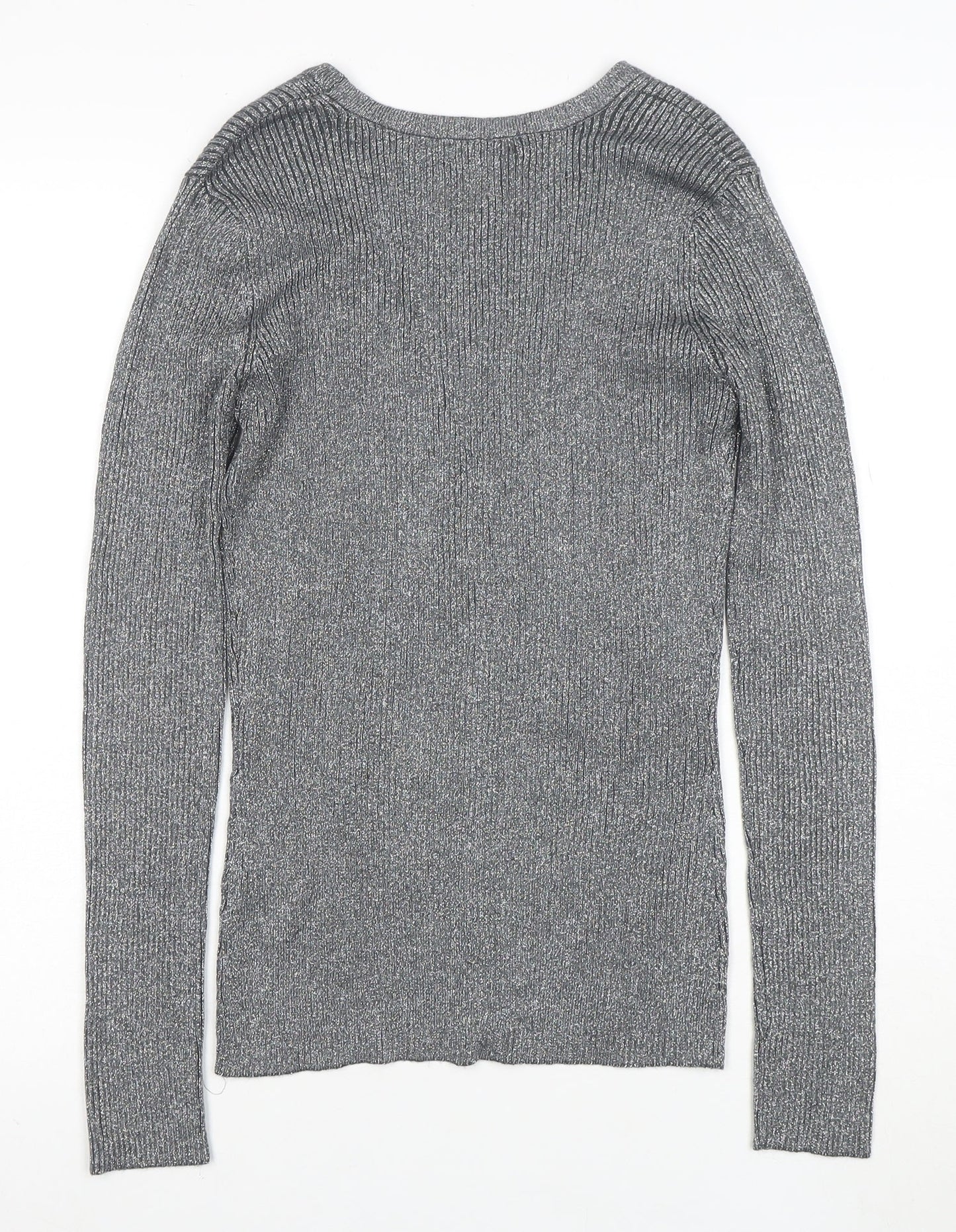 Pure Alfred Sung Women Grey Metallic Cardigan M V-Neck Button Ribbed Knit