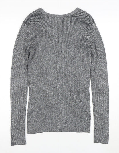 Pure Alfred Sung Women Grey Metallic Cardigan M V-Neck Button Ribbed Knit