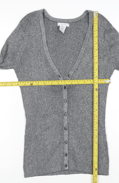 Pure Alfred Sung Women Grey Metallic Cardigan M V-Neck Button Ribbed Knit