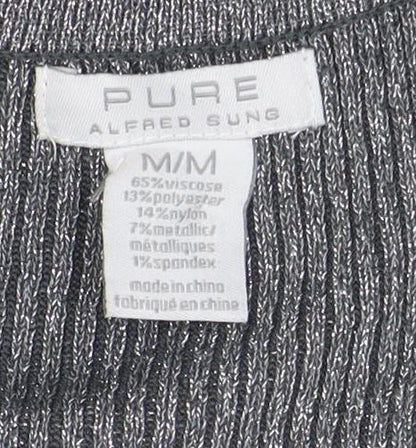 Pure Alfred Sung Women Grey Metallic Cardigan M V-Neck Button Ribbed Knit