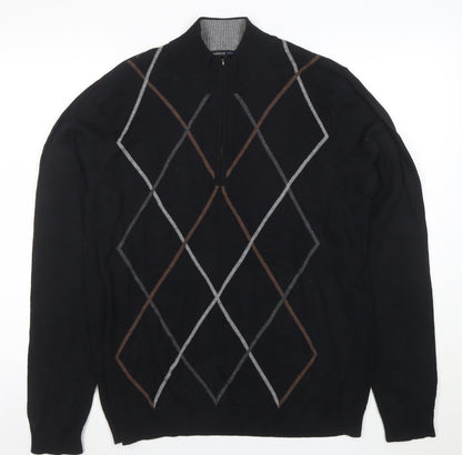 Van Heusen Studio Men's Black Argyle 1/2 Zip Cotton Jumper Size M