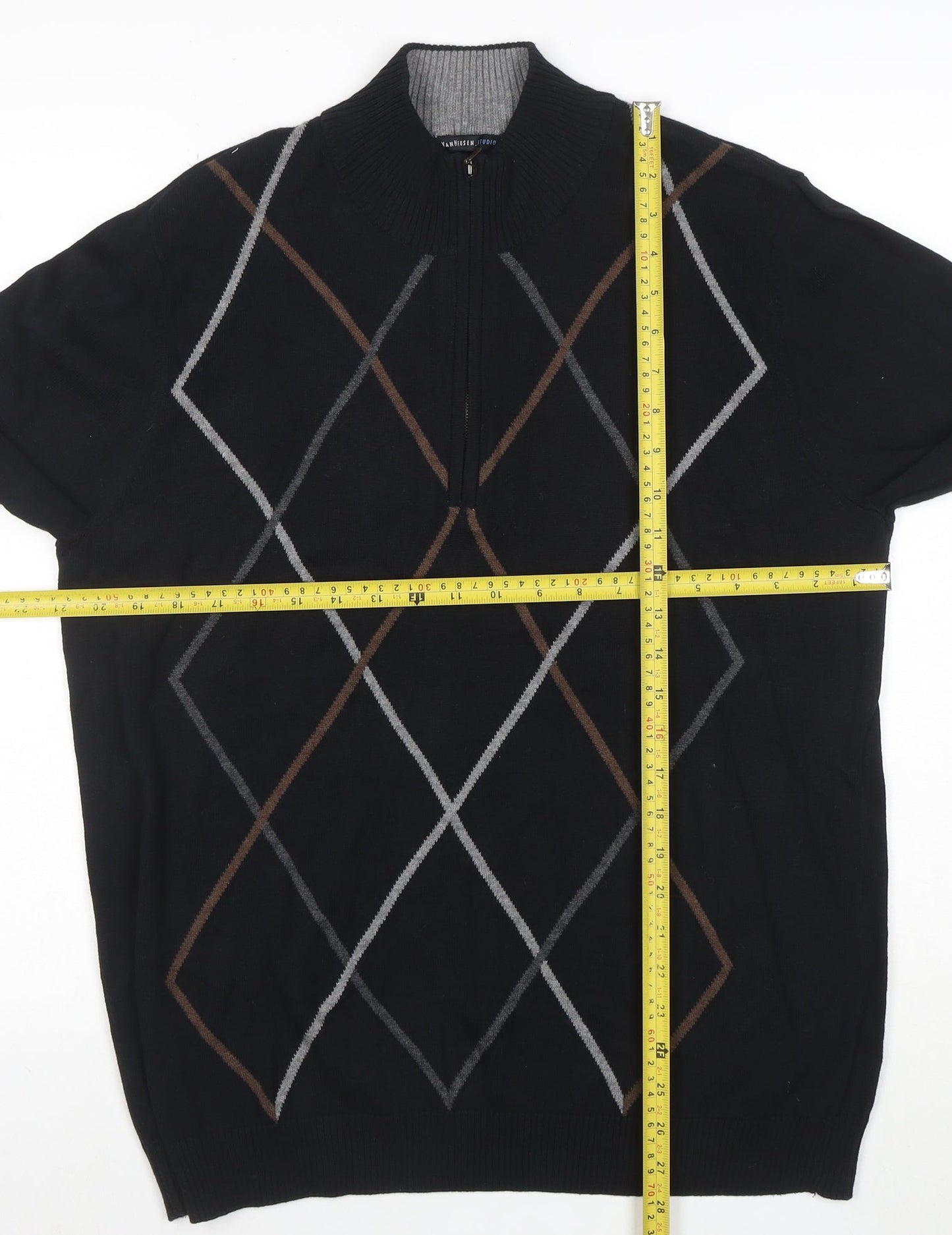 Van Heusen Studio Men's Black Argyle 1/2 Zip Cotton Jumper Size M