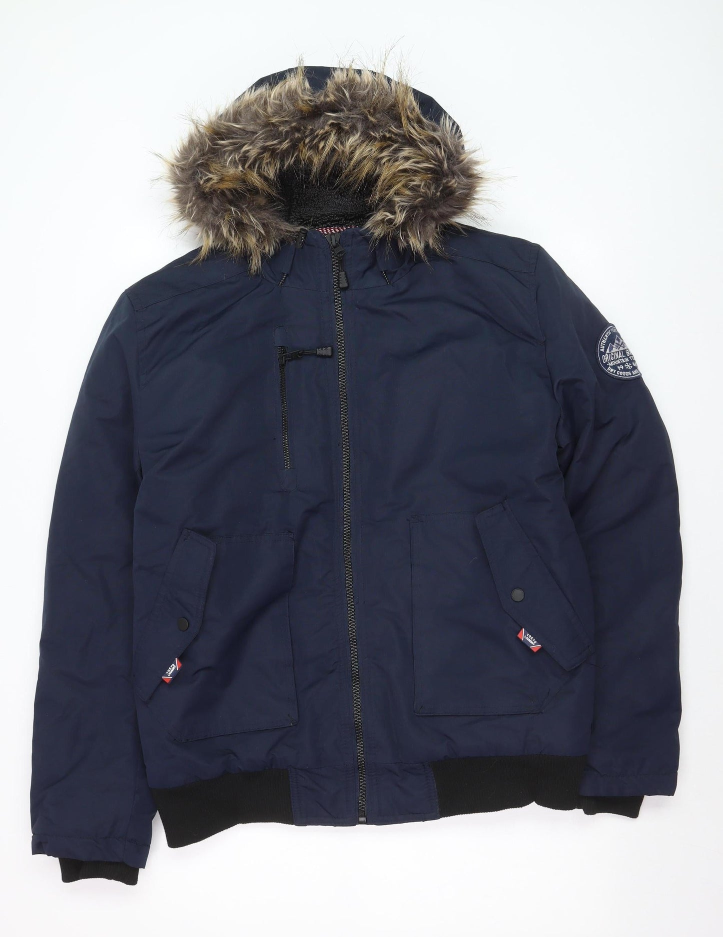 Tokyo Laundry Men's Blue Hooded Bomber Jacket L Fur Trim Winter Coat