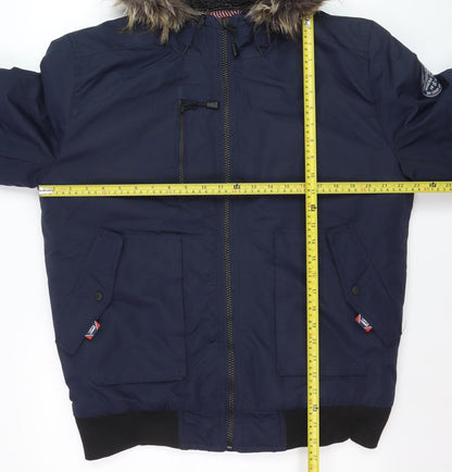 Tokyo Laundry Men's Blue Hooded Bomber Jacket L Fur Trim Winter Coat