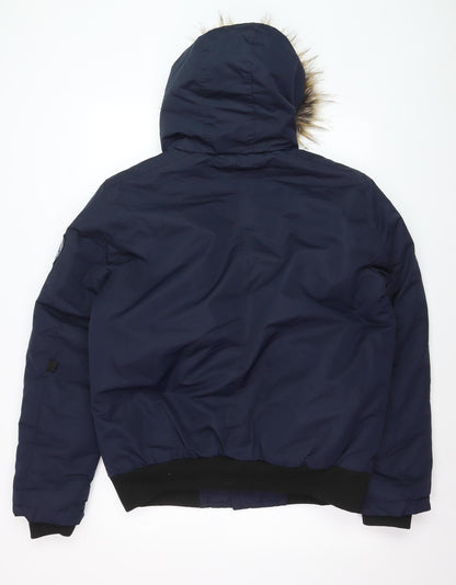 Tokyo Laundry Men's Blue Hooded Bomber Jacket L Fur Trim Winter Coat