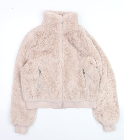 Pull & Bear Women Beige Faux Fur Zip Short Jacket Size 12