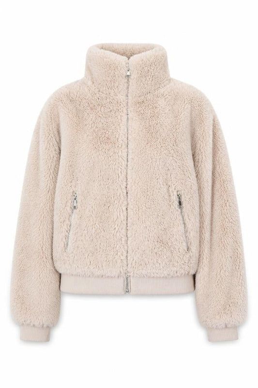 Pull & Bear Women Beige Faux Fur Zip Short Jacket Size 12