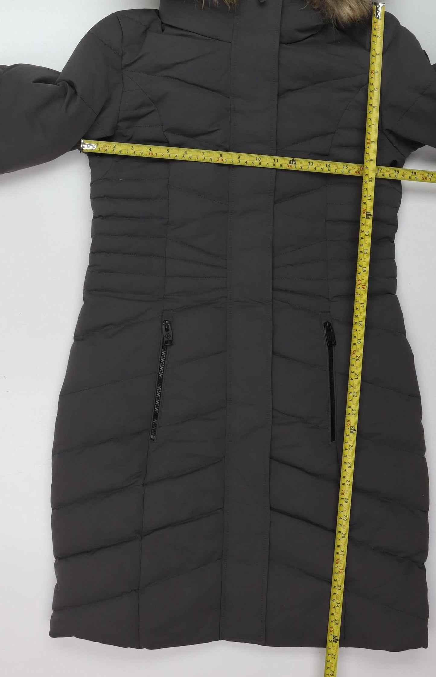 Point Zero Women's Grey XS Long Puffer Coat with Faux Fur Hood