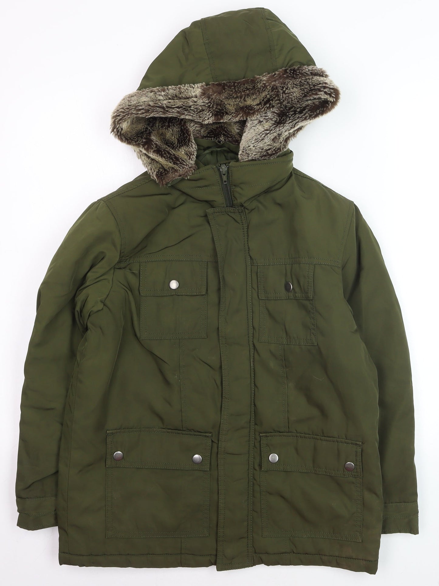 Gap Kids Boys Green Faux Fur Hooded Parka Coat L Winter Warm