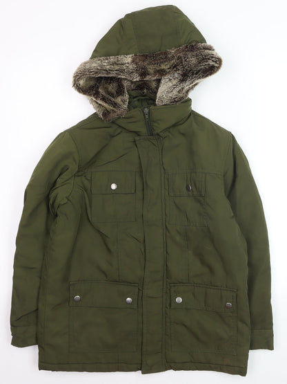 Gap Kids Boys Green Faux Fur Hooded Parka Coat L Winter Warm