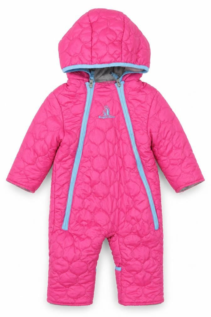 Front view of Rugged Bear unisex baby pink quilted hooded puffer snowsuit 6–9 months