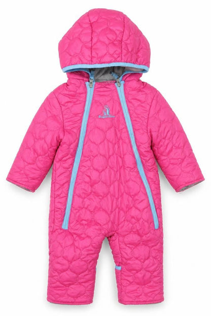 Front view of Rugged Bear unisex baby pink quilted hooded puffer snowsuit 6–9 months