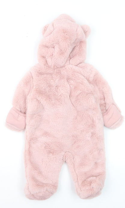 Marks and Spencer Pink Faux Fur Hooded Snowsuit 0-3 Months Baby Winter Outfit