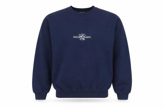 Front view of Topshop unisex navy blue alaska embroidered pullover sweatshirt l
