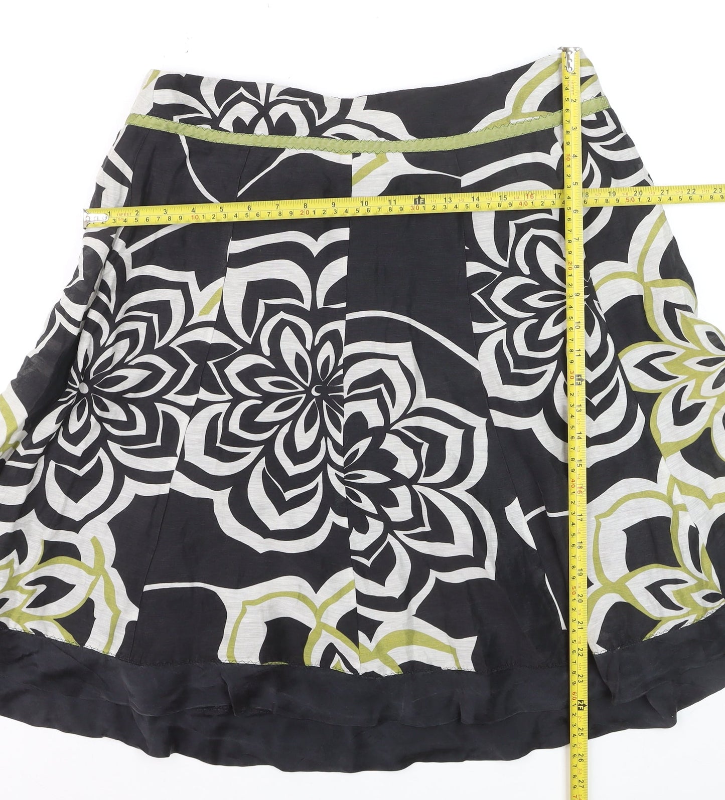 Monsoon Women Black Floral A-Line Linen Silk Skirt UK 14
