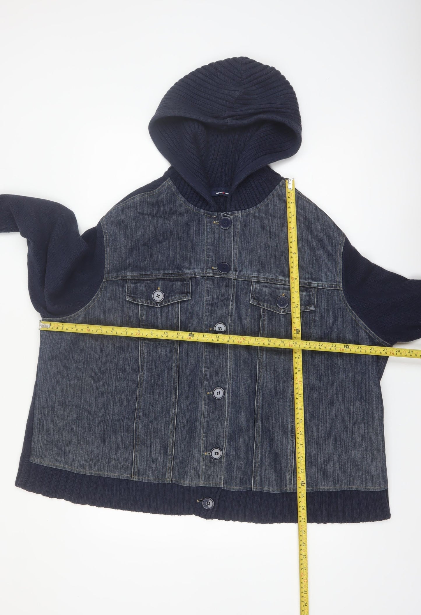 East Coast Women Blue Cotton Hooded Denim Bomber Jacket Size 26