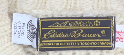 Eddie Bauer Men’s Beige Wool Cable-Knit Jumper L Vintage Winter Pullover
