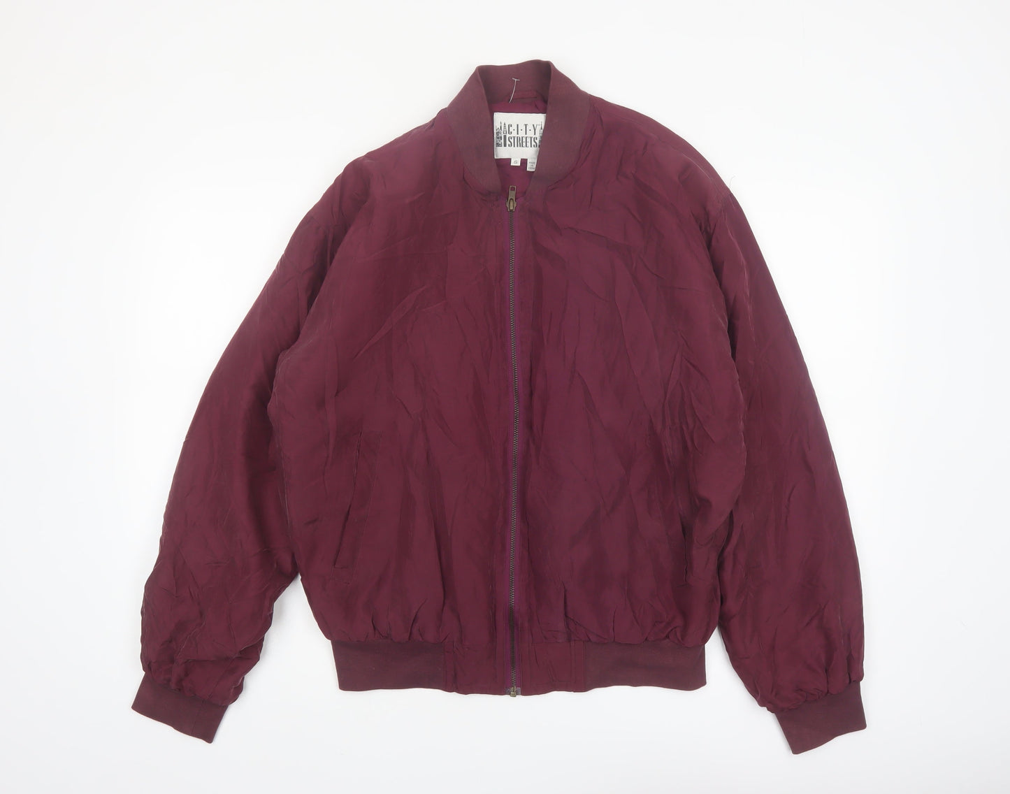 City Streets Men's Red Silk Bomber Jacket Size S Full Zip Casual