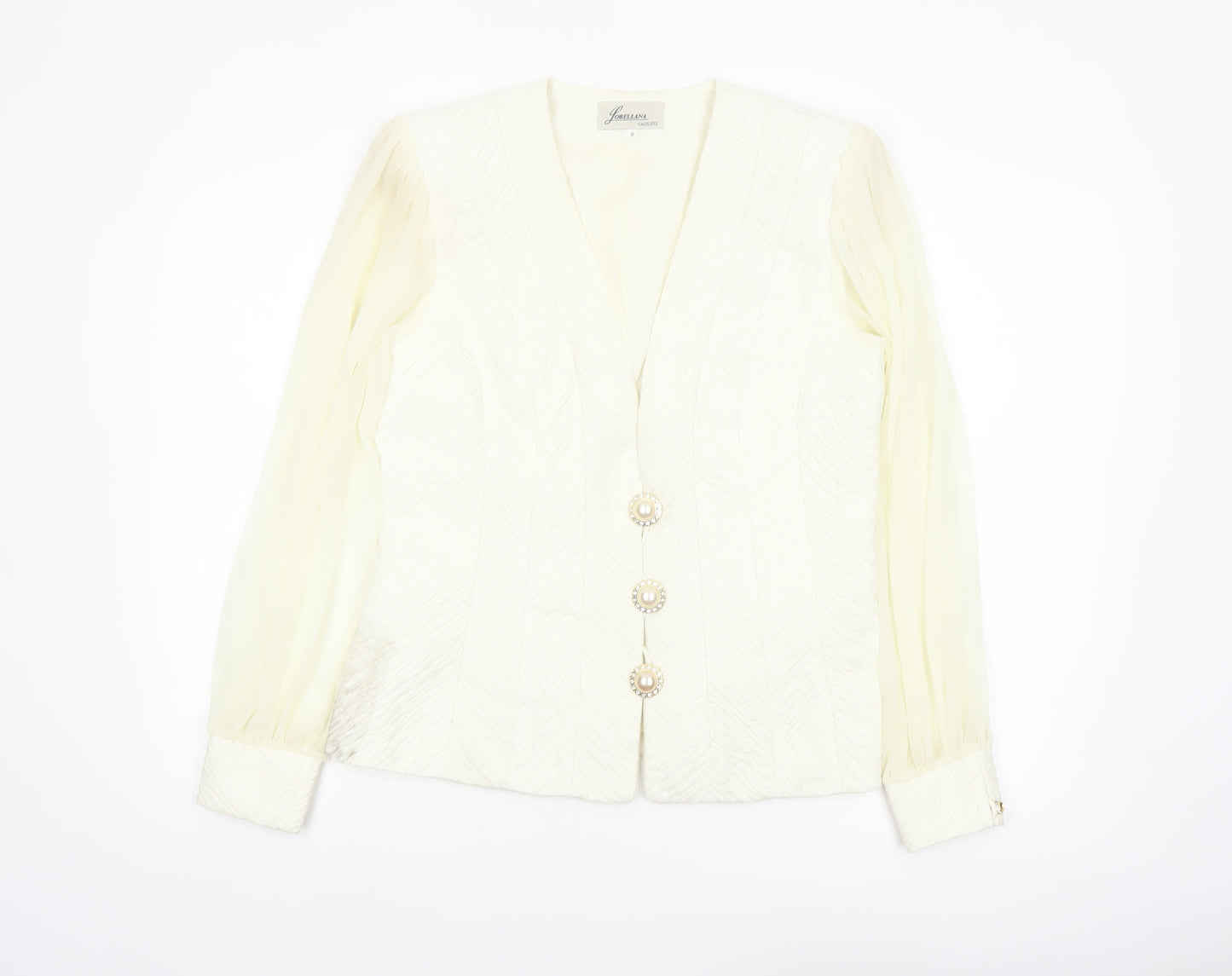 Lorellana Women’s Ivory Long Sleeve Beaded Button Blouse Size 8