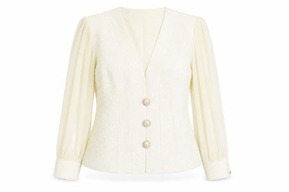 Lorellana Women’s Ivory Long Sleeve Beaded Button Blouse Size 8