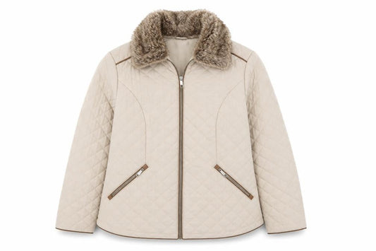Maine New England Women's Beige Quilted Jacket Size 20 Faux Fur Collar