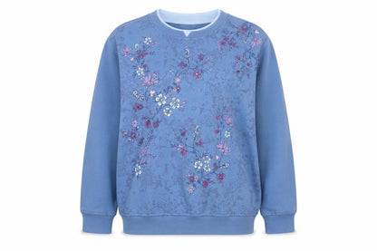 Northern Reflections Women’s Blue Petite L Floral Embroidered Pullover Sweatshirt