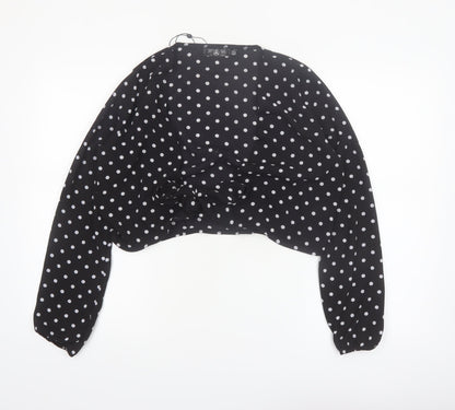 Motel Women's Black Polka Dot Cropped Blouse UK 12 Long Sleeve Tie Front