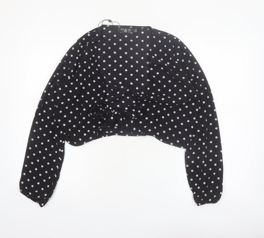 Motel Women's Black Polka Dot Cropped Blouse UK 12 Long Sleeve Tie Front