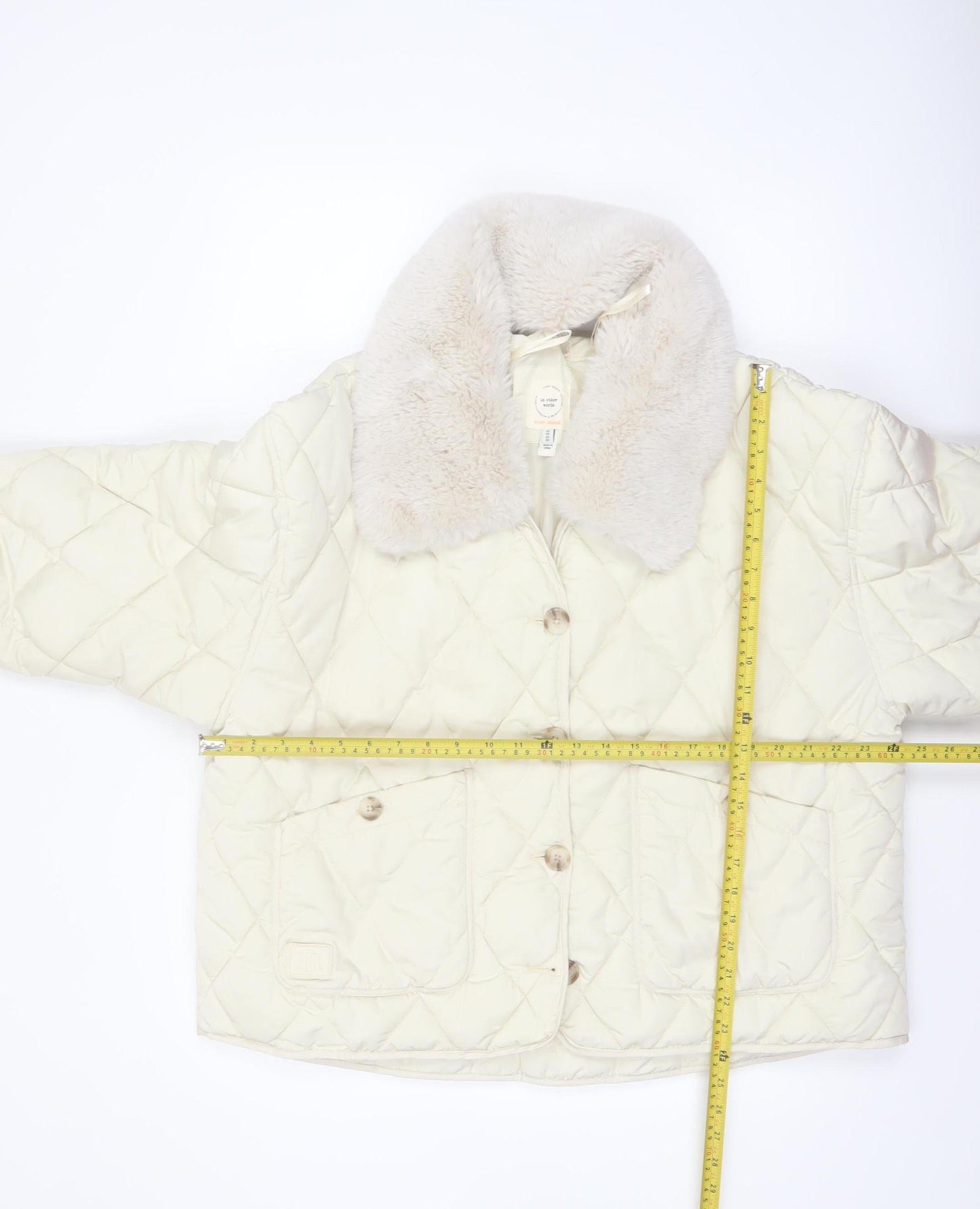 River Island Women Ivory Quilted Faux Fur Collar Jacket Size 14