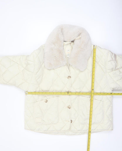River Island Women Ivory Quilted Faux Fur Collar Jacket Size 14