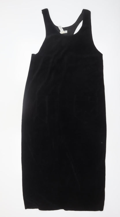 Elements Women’s Black Velour Midi Pinafore Dress Size M Sleeveless Retro