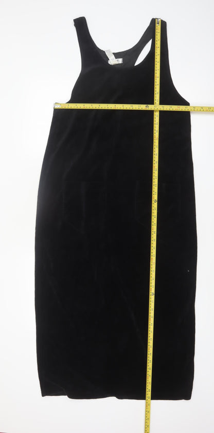 Elements Women’s Black Velour Midi Pinafore Dress Size M Sleeveless Retro