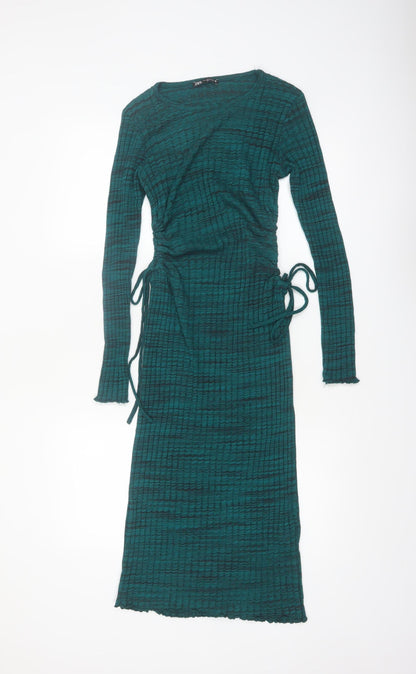 Zara Women's Green Knit Midi Bodycon Dress Size 12 Long Sleeve