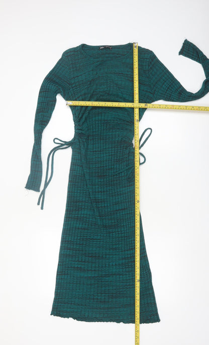 Zara Women's Green Knit Midi Bodycon Dress Size 12 Long Sleeve