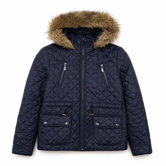 New Look Womens Blue Quilted Hooded Faux Fur Trim Jacket UK 12