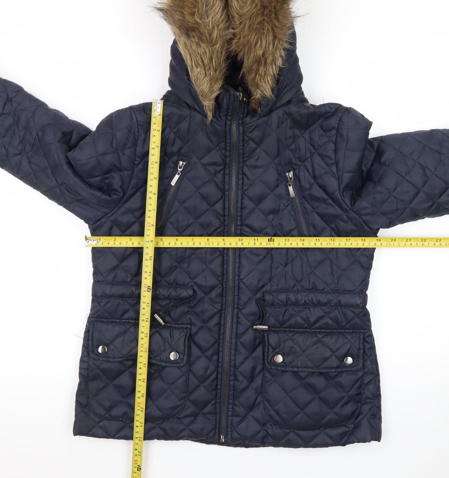 New Look Womens Blue Quilted Hooded Faux Fur Trim Jacket UK 12